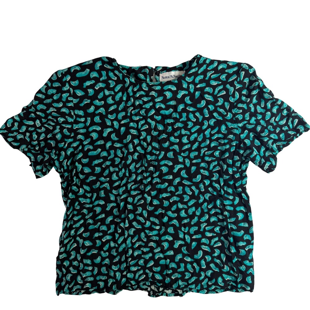 Norton McNaughton 90s Vintage Aesthetic Womens Blouse Black Teal Rayon
